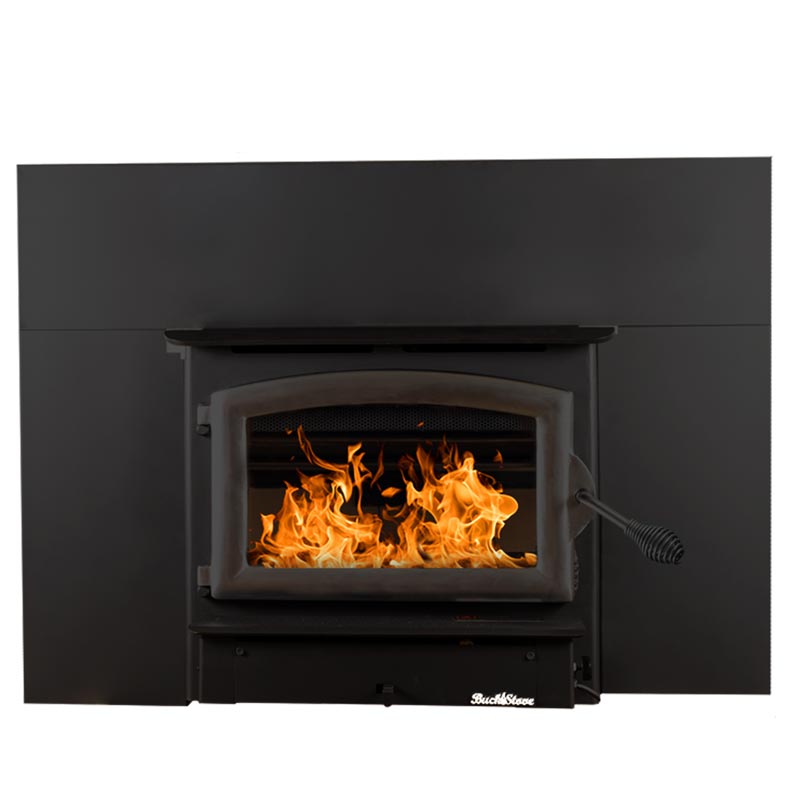 Buck Stove Model 21 wood stove set as a fireplace insert with a black surround
