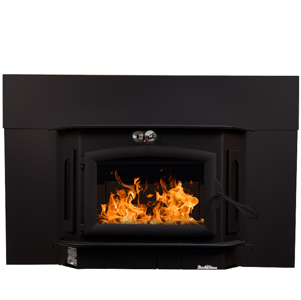 Buck Stove Model 91 wood stove installed as a masonry fireplace insert with a black trim kit