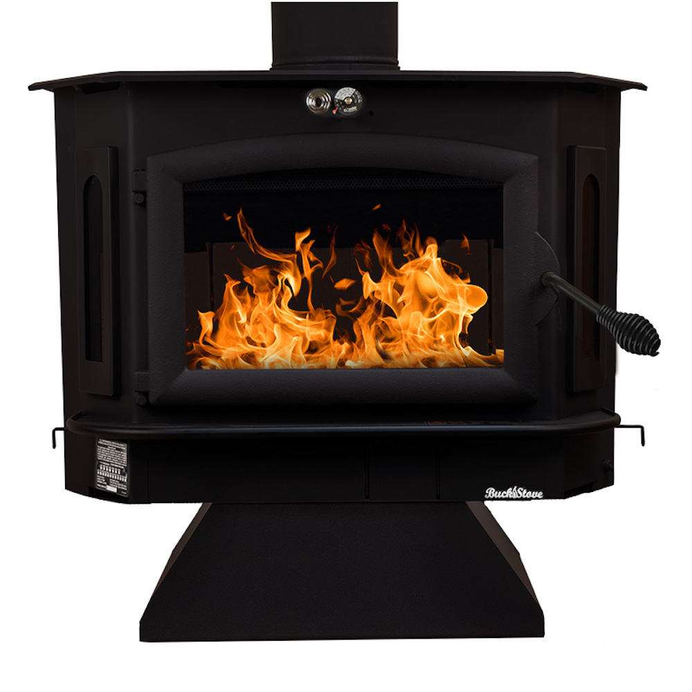 Buck Stove Model 91 freestanding wood stove on a black pedestal