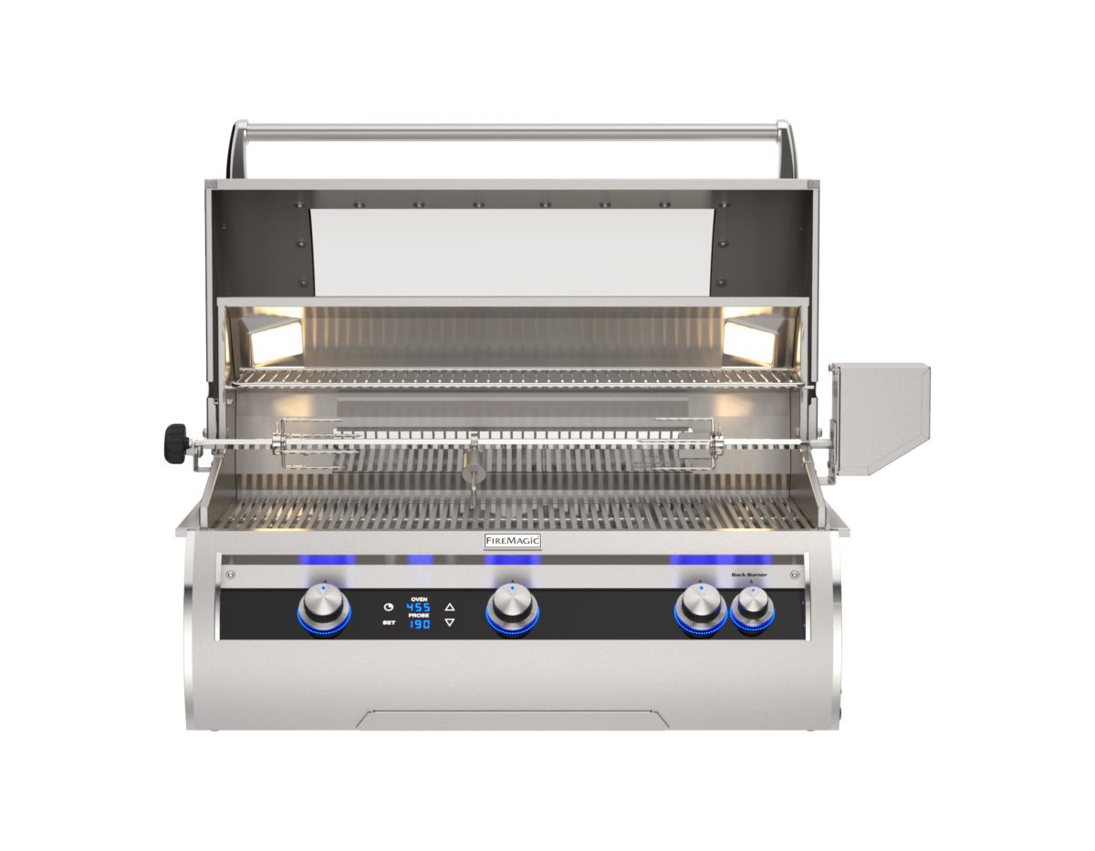 Fire Magic Echelon E790i stainless built-in grill with digital controls and the hood open