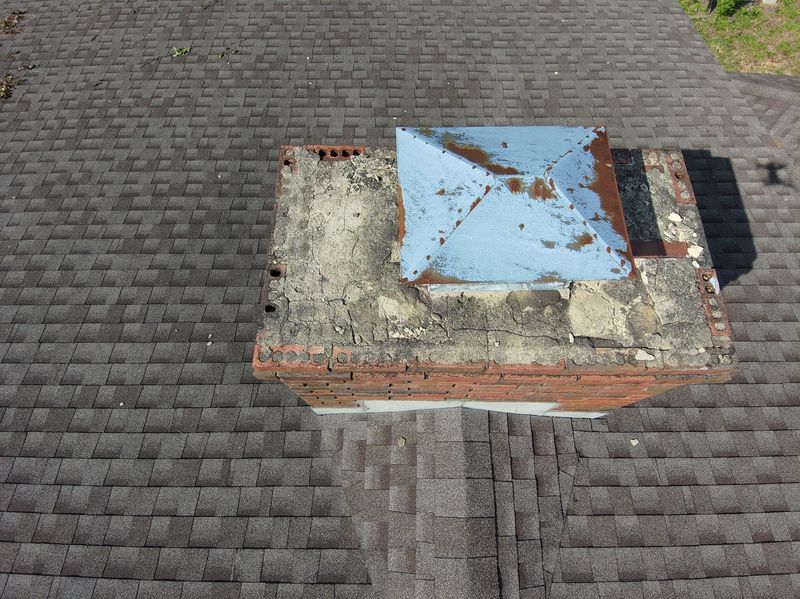 Drone view straight down onto a chimney with a badly cracked crumbling crown, missing chunks of concrete and a rusted metal cover