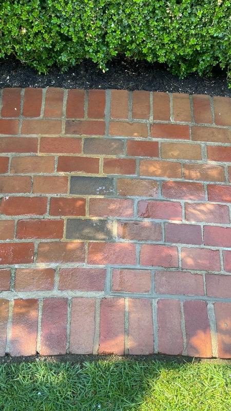 Same brick path cleaned and repointed with fresh color-matched mortar after Madewell repair