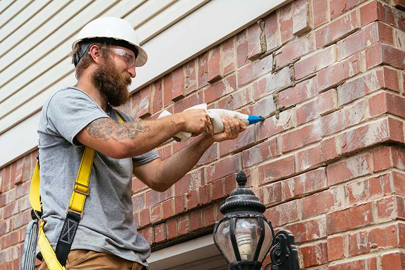 Man with hardhat and harness  adding new mortar to brick masonry