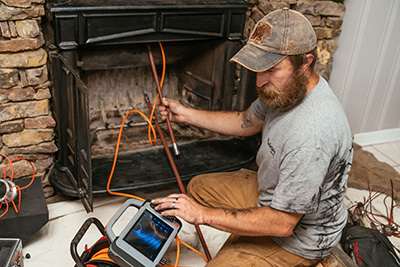 Technician doing a video scan inspection of fireplace & chimney - Madewell Masonry