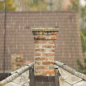 a masonry chimney being rained on
